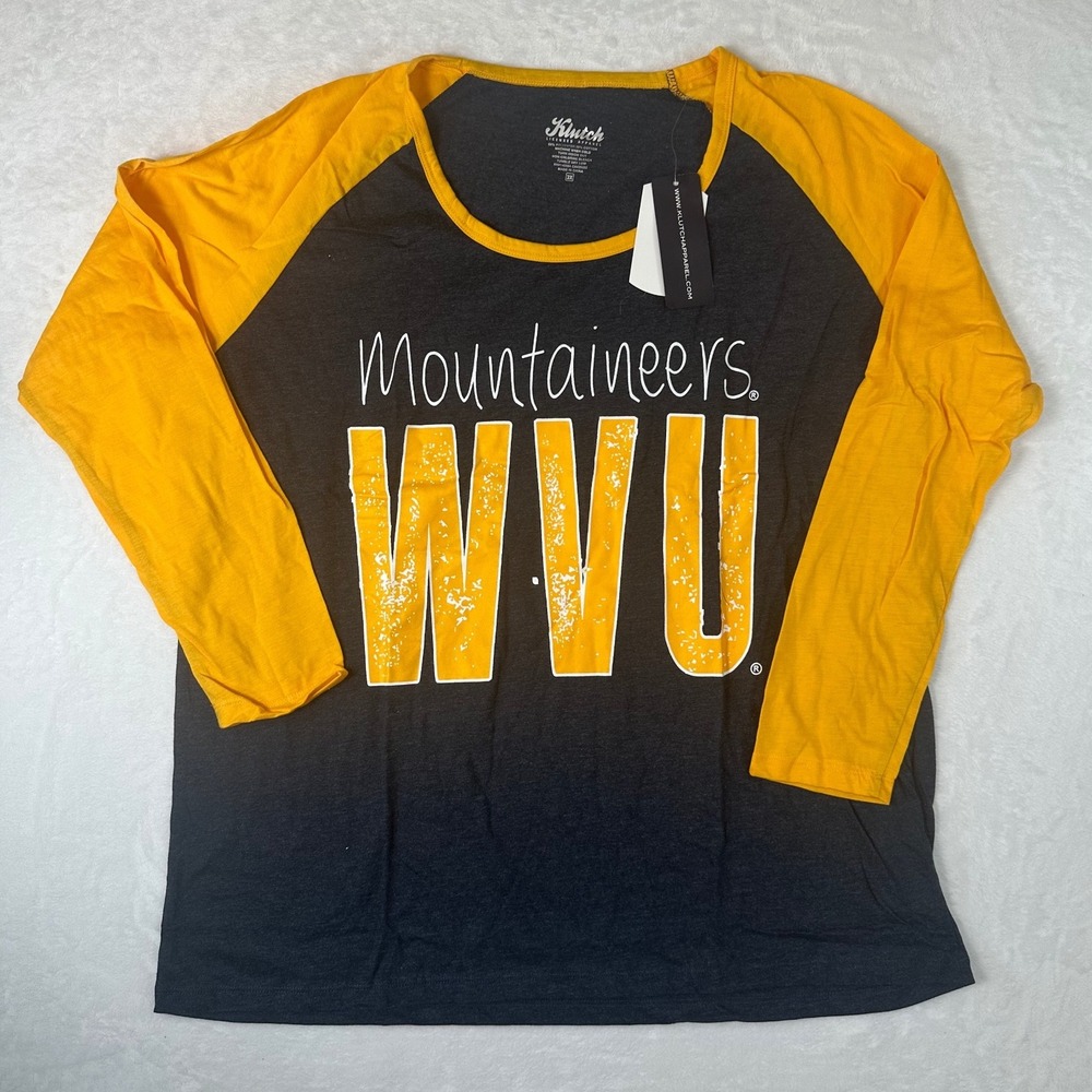 Klutch WVU Mountaineers Raglan Shirt Womens 3X Gray Gold Baseball Tee New